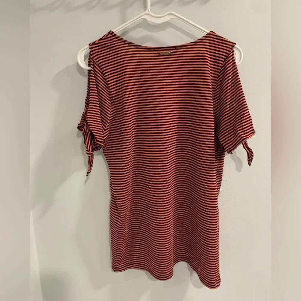 Michael Kors Salmon and Black Striped V-Neck Tee